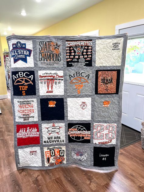 Sign up for our email list for a 15% off coupon for your first order: https://lp.constantcontactpages.com/sl/PBXQzEx What are real customers saying about our T Shirt Quilt? "I just wanted to let you know I received the t-shirt quilt and OMG it is beautiful Thank you, Thank you, Thank you!! I can't wait to give it to my daughter when she moves into college." Turn those T Shirts or sports jerseys you've been hanging on to into a beautiful T Shirt Quilt!  They make excellent gifts for graduation fr Sport Quilt Patterns Ideas, T Shirt Quilts For Beginners, T Shirt Quilts Ideas Layout, Tshirt Quilts Ideas Layout, Tee Shirt Quilts, Tshirt Quilt Tutorial, Memory Blankets, Tshirt Quilt Pattern, T Shirt Blanket