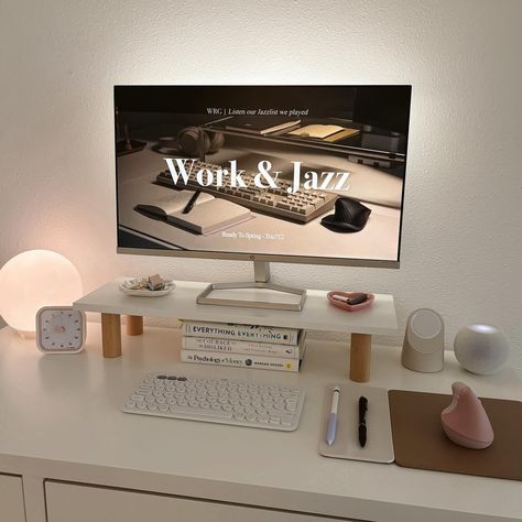 My desk lately 🫧🖥️💗 . . . . . #studygram #aesthetic #desksetup #deskinspo #studyspace #unistudent Work Office Decor Aesthetic, Ikea Micke Desk Aesthetic, Cosy Desk Setup, Aesthetic Charger, Cream Apartment, Work Desk Ideas, Office Desk Decor For Work, Aesthetic Desksetup, Wfh Aesthetic