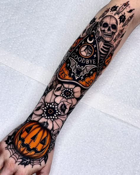 End Of Sleeve Tattoo Ideas, Sleeve Tattoos Halloween, Halloween Forarm Tattoos, Samhain Tattoo Ideas, Tattoo Ideas Female Spooky, Halloween Wrist Tattoo, Halloween Tattoo Sleeves, Quija Board Tattoo, Retro Halloween Tattoo