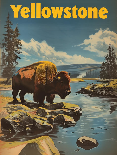 Discover the wild majesty of Yellowstone National Park with our Bison by the Water Vintage Travel Poster. This evocative piece of art captures the iconic American bison in its natural habitat, a symbol of the untamed beauty of Yellowstone. This poster's vintage style harkens back to a bygone era of exploration and admiration for the great outdoors. Available as a high-quality printable, this artwork is designed to bring the grandeur of Yellowstone into your home. Vintage Yellowstone, Welcoming Entryway, American Landscape, American Bison, Vintage Poster Design, Wild Heart, Vintage Travel Poster, National Park Posters, National Parks Trip