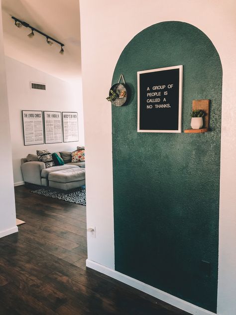 Green living room // green arch \\ painted arch Hallway Arch Paint, Entryway Painted Arch, Arched Wall Painting, Arch Painted On Wall Living Room, Paint An Arch On Wall, Green Arch Painted On Wall, Arched Painted Wall, Painted Arch Entryway, Painting Arch On Wall