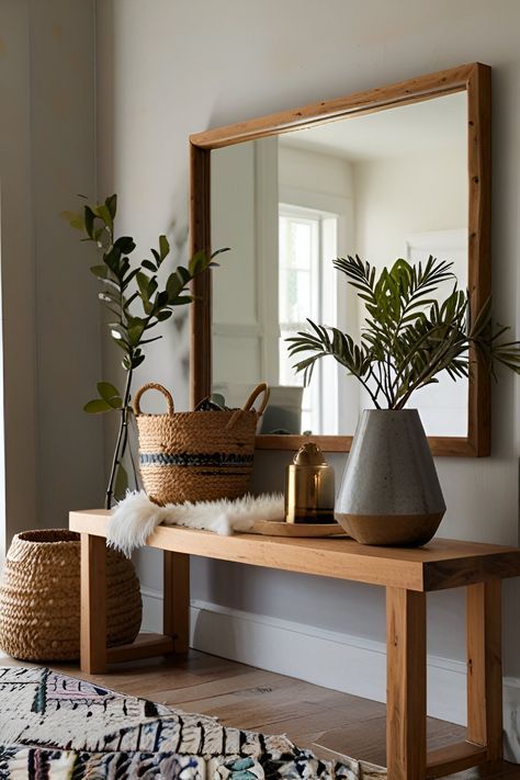 Large Mirror Entryway, Credenza Mirror, Entryway Decor Modern Luxury, Mid Century Entryway Ideas, Brown Sofa Living Room, Shed Decor, Earthy Home, Entryway Inspiration, Photo Wall Decor