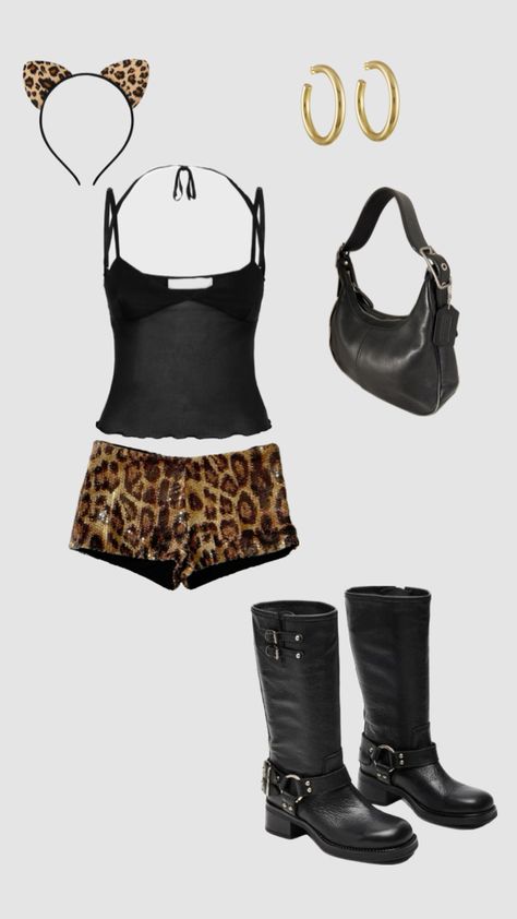 #halloweeninspo #outfitinspo #halloween #leopard #boots Jungle Themed Outfits Women, Cheata Print Halloween, Leopard Halloween Costume Woman, Cheetah Bra Outfit Y2k, Zebra Halloween Costume Women, Leopard Halloween Costume Aesthetic, Cheta Halloween Costume, Leopard Rave Outfit, Leopard Halloween Costume College