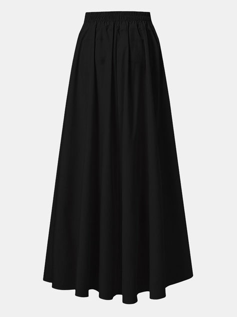 Stylish ZANZEA Solid Color Plain Pleated Elastic Waist Long Casual Skirt for Women - NewChic Black Skirts Long, Long Black Skirts, Black Long Skirts, Plain Black Skirt, Pleated Black Skirt, Black Long Skirt, Long Black Skirt, Long Pleated Skirt, Long Skirt Casual