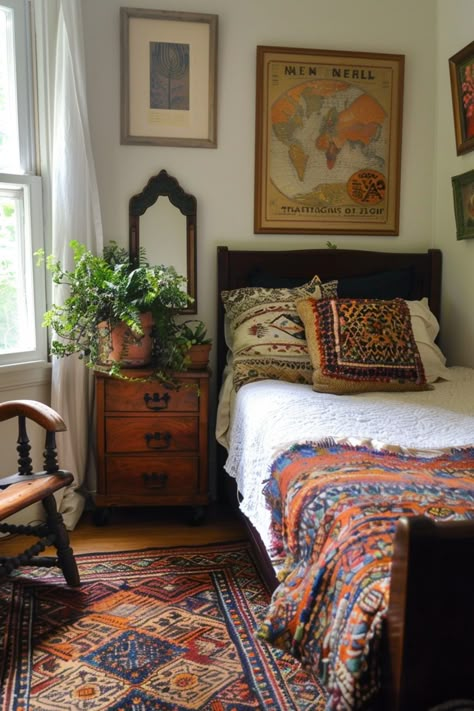 Discover 14 vintage cozy boho bedroom decor ideas. Transform your space with vintage furniture, layered textiles, macrame, and natural elements. Embrace the blend of vintage charm and boho style for a warm, eclectic retreat that reflects your unique personality. Boho Inspo Decor, Boho Vintage Apartment, Rugs In Bedroom Ideas, Eclectic Interior Design Vintage Bedroom, Natural Eclectic Decor, Warm Eclectic Bedroom, Bohemian Cottage Decor Ideas, Vintage Bedroom Ideas Cozy, Eclectic Apartment Decorating Ideas