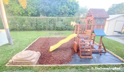 BACKYARD PLAYGROUND AT HOME – HOW TO BUILD IT Outdoor Mulch Play Area, Backyard Rubber Play Area, Diy Playground Flooring, Outdoor Play Area Flooring Ideas, Mulched Play Area Backyard, How To Build A Playground, Rubber Mulch Play Area, Playground Mulch Ideas, Backyard Playground Flooring