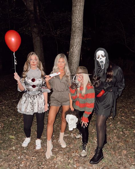 Horror Killers Costumes, Halloween Costumes For Trios Scary, Clown Group Costume, Trio Scary Halloween Costumes, Horror Group Costumes, Horror Movie Villians Costume, Michael Myers Girl Costume, Halloween Costumes For 3 Scary, Four Costumes Group