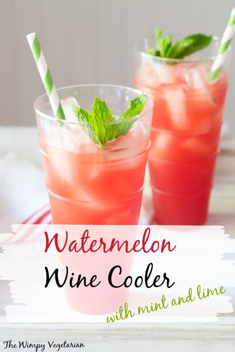 Watermelon wine cooler poured over ice in 2 glasses with sprigs of mint and straws. Watermelon Mint Drink, Watermelon Wine, Mint Syrup, Vegan Latte, Riesling Wine, Drinks Well With Others, Mint Drink, Wine Coolers Drinks, Watermelon Strawberry