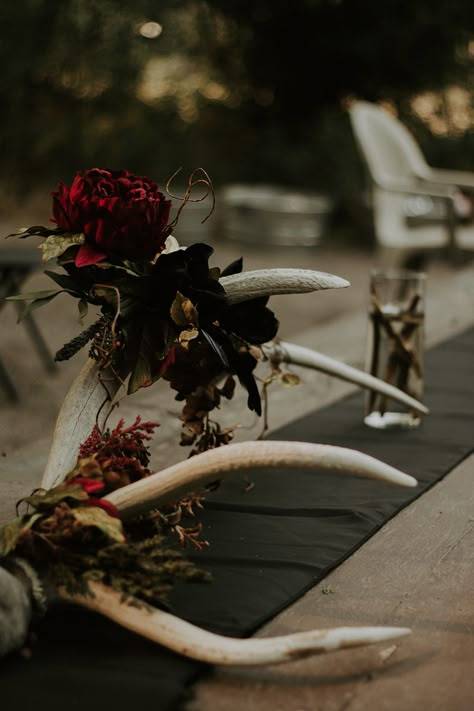 Dark Country Wedding Theme, Gothic Western Wedding Decor, Country Goth Wedding, Gothic Country Wedding, Gothic Fall Wedding, Goth Country, Antler Headdress, Halloween Engagement, Rustic Forest Wedding