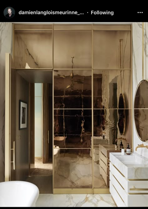 Good example of mirror-wall/hidden doors idea. Hidden Bathroom Door, Mirror Panelling, Bathroom Door Design, Hidden Doors In Walls, Mirror Interior Design, Hidden Doors, House Exterior Ideas, Hidden Rooms, Bronze Mirror