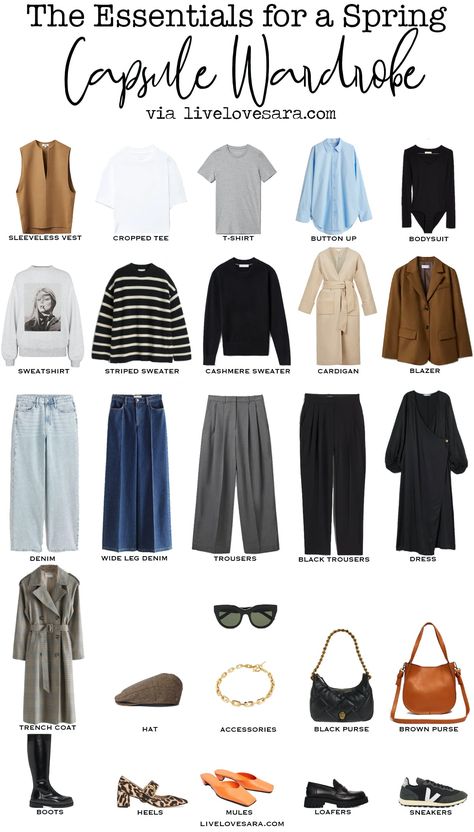 Spring Capsule Wardrobe 2022 Essentials - livelovesara Spring Outfit Essentials, Spring Essentials Wardrobe, Travel Spring Outfits, Spring Capsule Wardrobe 2022, Travel Capsule Wardrobe Spring, Summer Capsule Wardrobe 2022, Spring Travel Outfits, Spring Fashion Essentials, Travel Capsule Wardrobe Summer