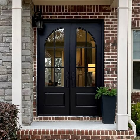 Black Window Front Door, Front Exterior Doors Entrance, Full View Front Door, Farmhouse Modern Front Door, Oversized Front Door Farmhouse, Home Doors Front Entrance, Black French Front Doors Entrance, Arched Front Doors With Glass Panels, Modern Traditional Interior Doors