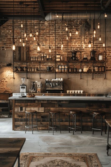 29 Coffee Bar Styling Ideas 4 Bar Design Ideas Pub, Industrial Design Bar, Cafe And Bar Design, Industrial Cafe Aesthetic, Bistro Bar Design, Industrial Aesthetic Interior Design, Commercial Coffee Bar, Industrial Cafe Design, Bar Ideas For Restaurants