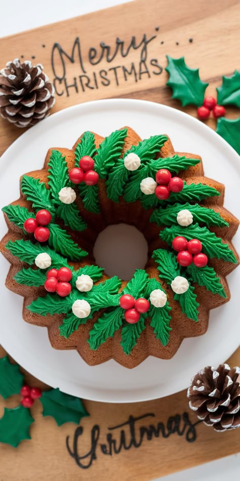 Celebrate the season with this stunning Christmas Wreath Bundt Cake! Moist and flavorful, this beautifully decorated cake is drizzled with luscious icing and adorned with festive sprinkles, making it the perfect centerpiece for your holiday dessert table. Wreath Cakes Christmas, Christmas Cupcake Wreath, Christmas Cake Ideas For Kids, Grinch Bundt Cake, Wreath Cake Decoration, Bundt Christmas Cake, Christmas Dessert Boxes Ideas, Dessert Table Ideas Christmas, Christmas Cake Bundt