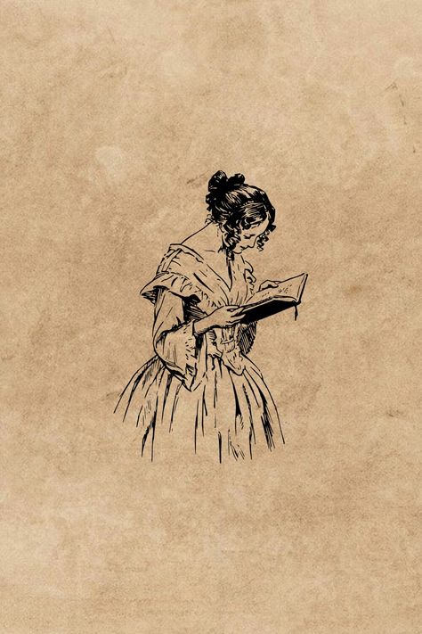 Jane Austen Emma Illustration, Jane Eyre Tattoo Ideas, Regency Tattoo, Pride And Prejudice Aesthetic Art, Little Women Illustration, Jane Austen Wallpaper, Jane Austen Tattoo, Jane Austen Illustration, Dark Academia Bullet Journal