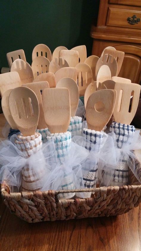 Gift Ring Ideas, Kitchen Tea Thank You Gifts Favors, Utensil Wrapping Ideas, Kitchen Bridal Shower Favors, Doorgift Ideas Wedding Diy, Dollar Tree Diy Bridal Shower Decor, Shower Thank You Gifts, Housewarming Thank You Favors, Wedding Shower Thank You Gifts