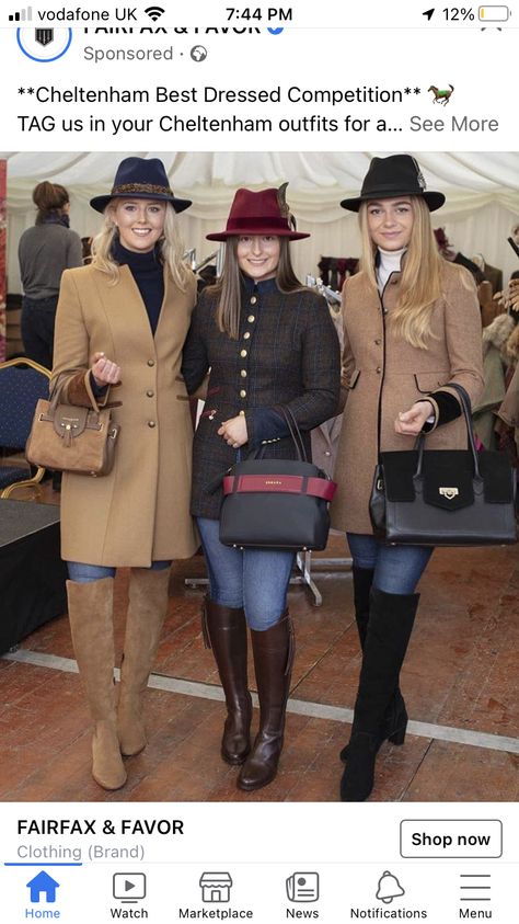 Winter Races Outfits For Women, Cheltenham Gold Cup Fashion, Casual Horse Race Outfit Winter, Horse Race Outfit Winter, Cheltnam Races Outfit, Horse Racing Outfits Women Winter, Winter Races Outfit, Horse Races Outfit Casual, Horse Race Attire For Women