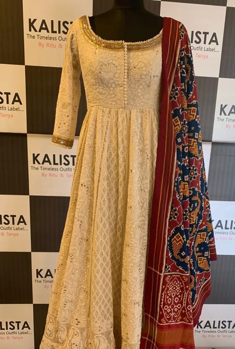 Beige Lucknowi Anarkali teamed with a patola silk dupatta Chicken Outfits, Lucknowi Anarkali, Desinger Dresses, Frock Models, Indian Closet, White Anarkali, Heavy Dresses, Anarkali Dress Pattern, Simple Kurti Designs