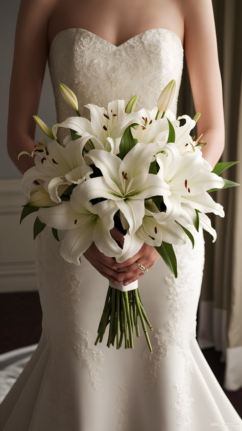 Classic Pure Elegance White Lily Bridal Bouquet Wedding Lily Bouquets, Lily Flowers Wedding Decor, Lilies Bridesmaid Bouquet, Wedding Bouquets Bride Elegant, White Lily Bridal Bouquet, White Bridal Bouquet Elegant, Casablanca Lily Bouquet, White Wedding Ideas With Elegance, White Lilies Wedding Bouquet