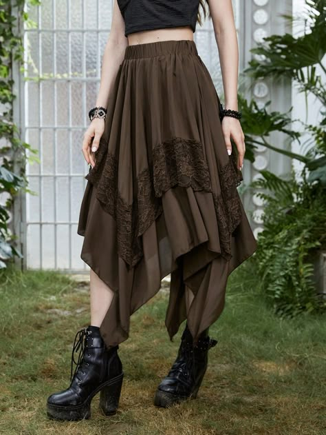 Coffee Brown Casual Collar  Fabric Plain Asymmetrical Embellished Non-Stretch  Women Clothing Viking Clothes Aesthetic, Cute Clothes Vintage, Fairy Clothing Style, Long Cottagecore Skirt, Grunge Outfits On Amazon, Alternative Boho Outfits, D&d Clothes, How To Style Brown Skirt, Skatercore Outfits