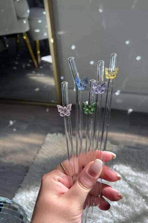 Glass straws with butterflies detail for spring, spring bar cart decor, spring amazon find, Easter basket find Aesthetic Glass Straws, Glass Straws Aesthetic, Glass Straw Aesthetic, Straw Aesthetic, Glass Art Products, Aesthetic Glass, Amazon Home Finds, Cart Decor, Bar Cart Decor