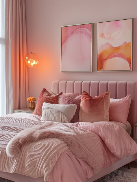 Pink Wall Bedroom Ideas, Neutral Pink Bedroom, Adult Pink Bedroom, Room Makeover Aesthetic, Modern Pink Bedroom, Rainbow Picnic, Pink Bedroom Design, Pink Feminine, Feminine Bedroom