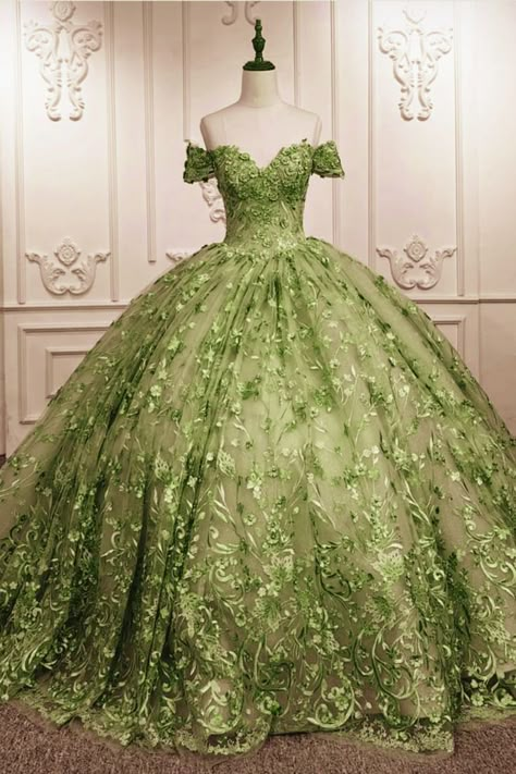 sage lace ball gown Dress For 15th Birthday, Off The Shoulder Quince Dress, Aramex Delivery, Tiana Wedding, Frog Wedding, Enchanted Dress, Green Ball Gown, Tiana Dress, Green Quinceanera Dresses