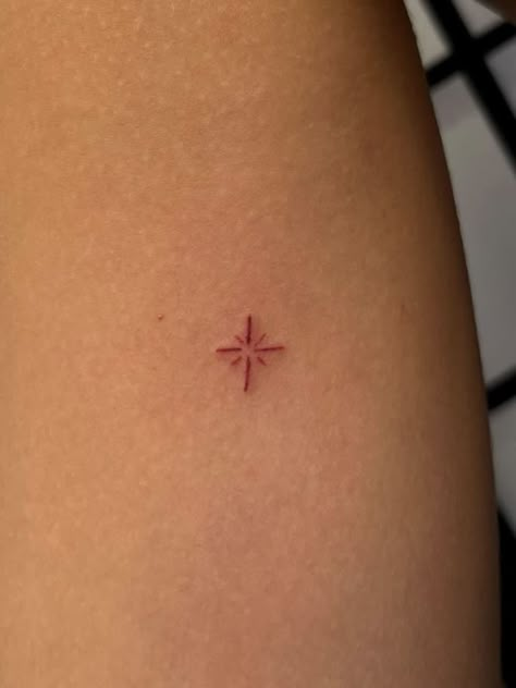 Small Dainty Red Tattoos, Red Ink Tattoo For Women, Mini Red Tattoos For Women, Red X Tattoo, Minimalistic Red Tattoo, Red Ink Stick And Poke, Small Red Sun Tattoo, Red Ink Tiny Tattoo, Red Ink Tattoos Healed