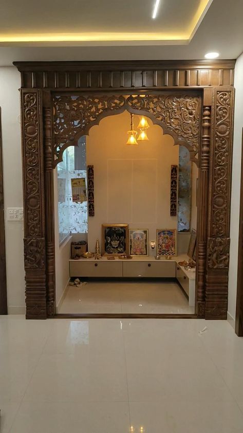 Wallpaper Decor Ideas, Wallpaper Design Ideas, Pooja Door Design, Indian Room Decor, House Main Door Design, Mandir Design, India Home Decor, House Interior Design Styles, Temple Design For Home