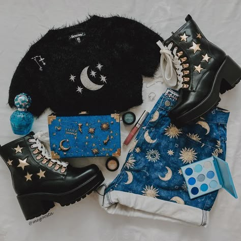 CHEE on Instagram: “1,2 or 3? Outfits for the moon child 🌛 @dollskill #dollskill” Two The Moon Outfit, Cute Moon Outfits, Vintage Space Outfit, Moon Aesthetic Clothing, Planet Inspired Outfits, Moon Core Outfits, Moon Core Aesthetic Outfits, Stars Aesthetic Outfit, Moon Witch Outfit