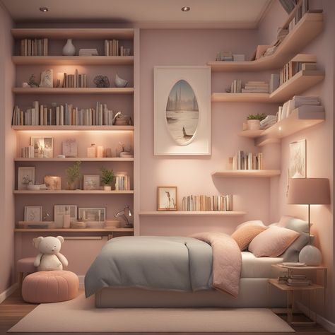 A cozy bedroom featuring soft pink colors, inviting decor, and warm lighting for a soothing ambiance. - cozy bedroom, soft pink colors, floating shelves, warm atmosphere, inviting decor, plush teddy bear, warm lighting Light Grey Comforter, Blush Bedroom, Cozy Bedroom Design, Grey Comforter, Warm Decor, Pink Palette, Pink Bedrooms, Single Room, Warm Lighting