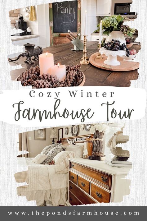 Cozy Winter Home Tour - Budget Farmhouse Winter Decor Ideas Winter Indoor Decor, Cozy Winter Living Room Decor, Cozy Winter Living Room, Dining Room Country, Winter Entryway Decor, January Winter Decor, Winter Entryway, Cozy Winter Bedroom, Winter Dining Room