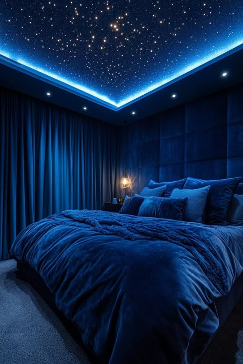 29 Blue Fantasy Bedroom Ideas That Will Turn Your Room into a Wonderland 1 Room Redesign Bedrooms, Sky Blue Bedroom Ideas, Bedroom Themes For Women, Blue Fantasy Bedroom, Black Blue Bedroom, Stormy Bedroom, Space Room Aesthetic, Blue Ceiling Bedroom, Starry Night Room