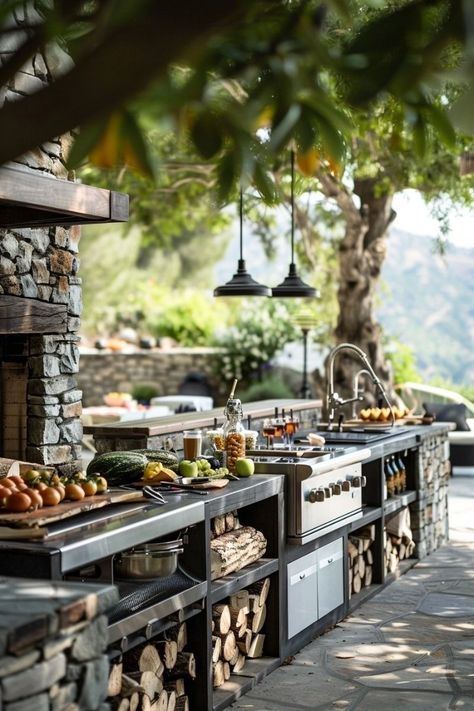 Industrial Outdoor Kitchen, Outdoor Kitchen Area, Rustic Outdoor Kitchen, Rustic Outdoor Kitchens, Industrial Outdoor, Outdoor Cooking Spaces, Modern Outdoor Kitchen, Outside Kitchen, Industrial Home Design