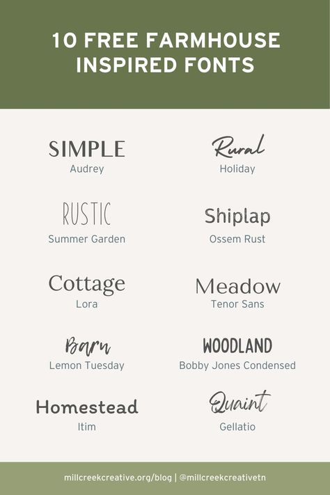 10 Free Farmhouse Inspired Fonts — Mill Creek Creative Country Mood Board, Farmhouse Branding, Farm Font, Boho Cabinet, Farm Fonts, Country Fonts, Rustic Branding, Rustic Fonts, Farmhouse Fonts