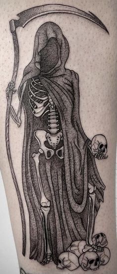 Skull Tattoo Thigh Women, Skeleton Leg Tattoos Women, Gothic Tattoo Ideas Beautiful, Dark Thigh Tattoos For Women, Dark Feminine Tattoos Thigh, Realistic Ghost Tattoo, Spooky Forearm Tattoo, Dark Female Tattoos, Spooky Fine Line Tattoos