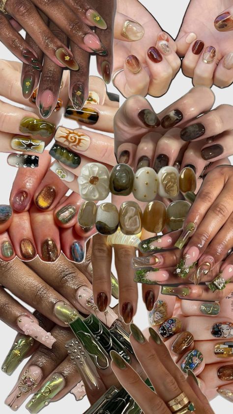 Earthy Nails, Euphoria Nails, Boho Nails, Earthy Aesthetic, Earthy Style, Nails Aesthetic, Aesthetic Green, Jewelry Tattoo, Boho Aesthetic