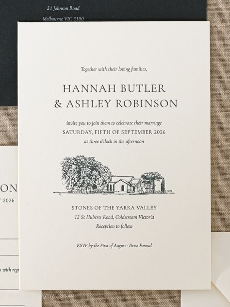 Wedding Invite Venue Sketch, Wedding Invitation Cards Illustration, Old English Wedding Invitations, Basic Wedding Invitations, Wedding Invite With Illustration, Estate Wedding Invitations, Green Letterpress Wedding Invitations, Wedding Invite With Venue Illustration, Wedding Invite Venue Illustration