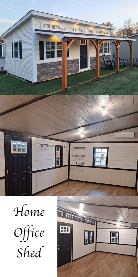 Seperate your work life from your home life with a custom home office shed. We can build the perfect work space for you to increase your work production and eliminate distractions! She Shed Shop Ideas, Add On Office To House, She Shed Laundry Room, Outside Office Shed, She Shed Ideas For Small Business, Storage Shed Office, Shed To Office Conversion Interior, Small Business Shed Ideas, Small Office Shed