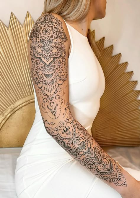 The Best Ornamental Tattoos Of All Time - TheTatt Upper Arm Ornamental Tattoo, Ornamental Tattoo Arm Women, Ornamental Tattoo Design Thigh, Ornamental Tattoo Sleeve Women, Thick Ornamental Tattoo, Ornamental Sleeve Tattoos For Women, Ornamental Tattoo Women, Partial Sleeve Tattoo Women, Mandala Upper Arm Tattoo