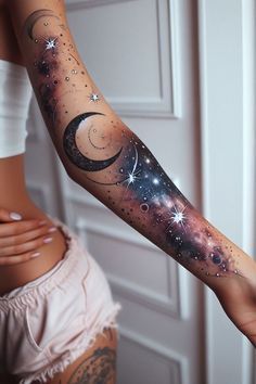 Unique Tattoos With Meaning For Women, Space Arm Tattoos For Women, Galaxy Back Tattoo Women, Galaxy Leg Tattoos Women, Sleeve Tattoos For Women Space, Starry Night Tattoo Ideas, Men Tattoo Stencil, Galaxy Sleeve Tattoos For Women, Large Star Tattoos For Women