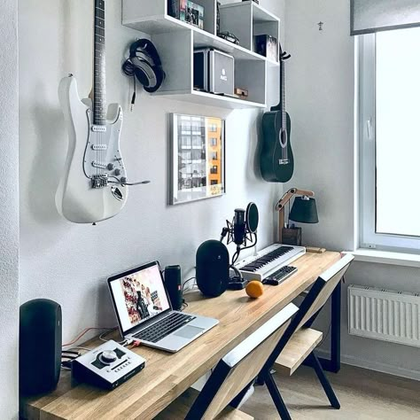 Music Corner Ideas, Office Music Room, Music Room Office, Music Room Design, Home Recording Studio Setup, Music Bedroom, Office Music, Home Studio Ideas, Home Music Rooms