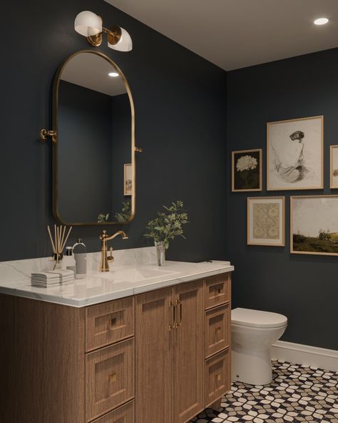 Who loves a moody powder room - we do!! 👋🏻👋🏻 - - - - - - - #interiordesign #interiordesigner #homedecor #homedesign #interiorinspo #interiordecorating #interiorstyling #interiordetails Moody Spare Bathroom, Black And Gold Finishes In Bathroom, Moody Full Bathroom, Midcentury Powder Room Ideas, Small Bathroom Black Walls, Moody Teal Bathroom, Light Moody Bathroom, Moody Bathroom No Window, Speakeasy Bathroom Ideas