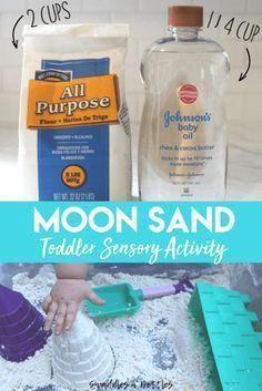 Moon sand is the perfect sensory activity for toddlers! Simply mix 1/4 cup baby oil for every 2 cups of flour! Perfect outdoor activity for kids of any age! #craftideasfortoddlers Vetenskapliga Experiment, Sands Recipe, Outdoor Activities For Toddlers, Moon Sand, Sensory Activities Toddlers, Pack N Play, Sensory Ideas, Toddler Sensory, Sensory Activity