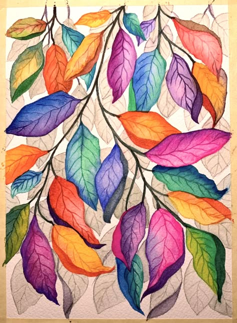 Colorful Leaves Painting, Colourful Leaves Painting, Watercolor Flower Art, 수채화 그림, Watercolor Art Lessons, Painted Leaves, Flower Art Painting, Watercolor Pencils, Painting Art Projects