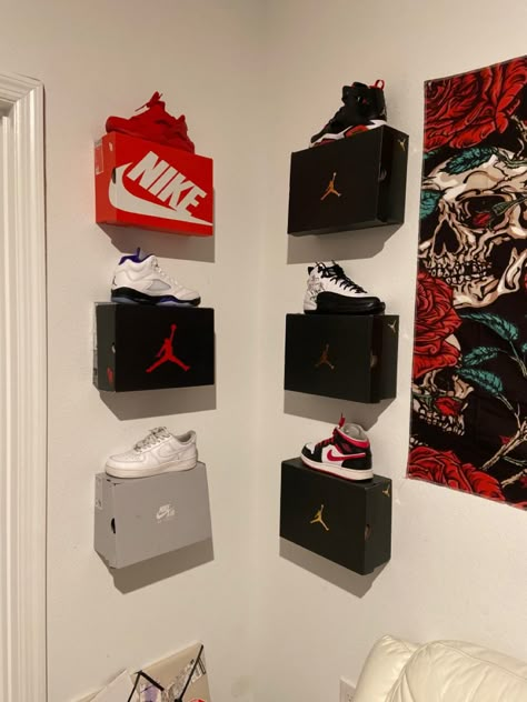 Trainer Display Bedroom, Shoe Wall With Boxes, Shoe Box Wall Display, Shoe Box Wall Decor, Nike Boxes On Wall, Shoebox Room Decor, Shoe Box On Wall, Shoe Wall In Bedroom, Shoes In Bedroom