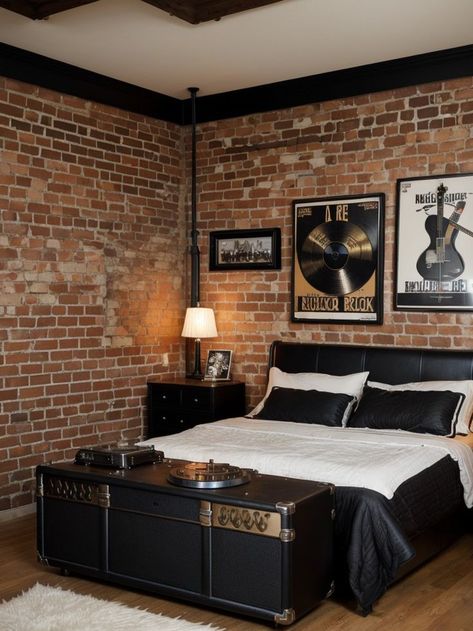 Channel your inner rockstar with a statement black leather headboard and metallic accents. Add a touch of rebellion with a vintage record player and hang band posters on exposed brick walls for a truly rock n roll vibe. Rock Star Apartment, Rock N Roll House Aesthetic, Rock And Roll House Interior Design, Rock N Roll Apartment, Punk Rock Bedroom Aesthetic, Rockstar Interior Design, Rock N Roll Bedroom Ideas, Rockstar Girlfriend Aesthetic Room Decor, Rock And Roll Interior Design