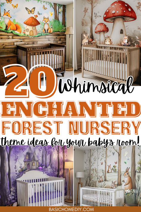 Find 20 whimsical enchanted forest nursery theme ideas for your baby's room. This magical nursery theme is perfect for a girl, a boy, or a gender-neutral baby room. Explore cozy decor with woodsy designs and forestry details. From wallpaper and murals to fairy lights and wall decals, create a mystical nursery filled with fairy forest charm. Add a woodland nursery rug, wall art, and treehouse decor to complete the room. Find inspiration for bedding, accent walls, and mushroom nursery decorations. Fairy Mushroom Nursery, Woodland Themed Nursery Girl, Woodland Theme Decor, Enchanted Forest Theme Room, Nursery Forest Green, Whimsical Forest Nursery, Mystical Nursery, Fun Nursery Ideas, Nursery Enchanted Forest