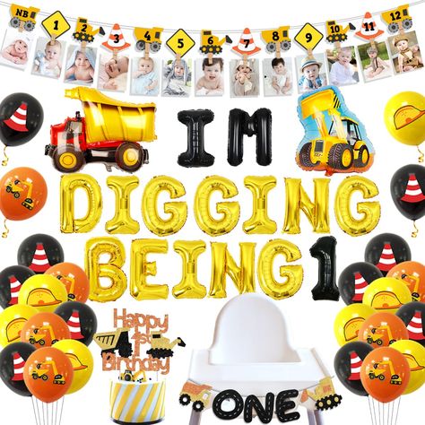 PRICES MAY VARY. You will receive: 1pc construction theme photo banner, 1pc Im Digging Being 1 foil balloons 16inches, 1pc dump truck cake topper, 1pc construction theme high chair banner, 18pcs latex balloons 12inches( 6 yellow, 6 orange, 6 black), 1pc dump truck foil balloon, 1pc bulldozer foil balloon. Special design: Our construction birthday party decorations include complete accessories totally meeting your basic needs throwing a party, such as construction birthday photo banner, cake topp First Birthday Truck Theme, First Birthday Construction Theme, 1st Birthday Construction Theme, Construction 1st Birthday Party, Jt Birthday, Construction 1st Birthday, Construction Birthday Party Decorations, Dump Truck Cake, Construction Birthday Decorations