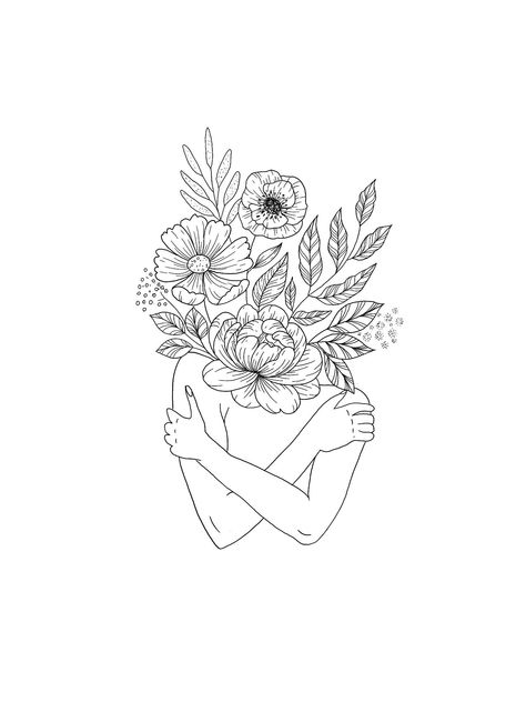 Woman In Flowers Tattoo, Baddie Patchwork Tattoo, Body And Flower Tattoo, Self Love Back Tattoo, Flowers Growing Out Of Body Tattoo, Curly Hair Tattoo Outline, Woman Holding Flowers Tattoo, Flower Person Tattoo, Flowers Coming Out Of Head Tattoo